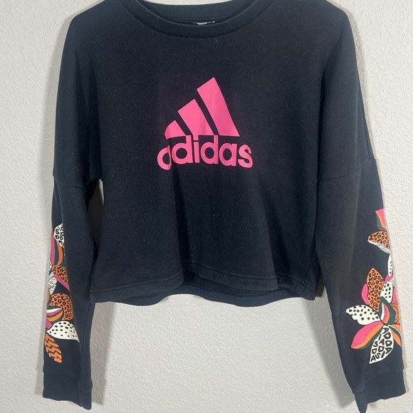 adidas Tops - Adidas Black Cropped Sweatshirt with Pink Logo and Colorful Sleeves